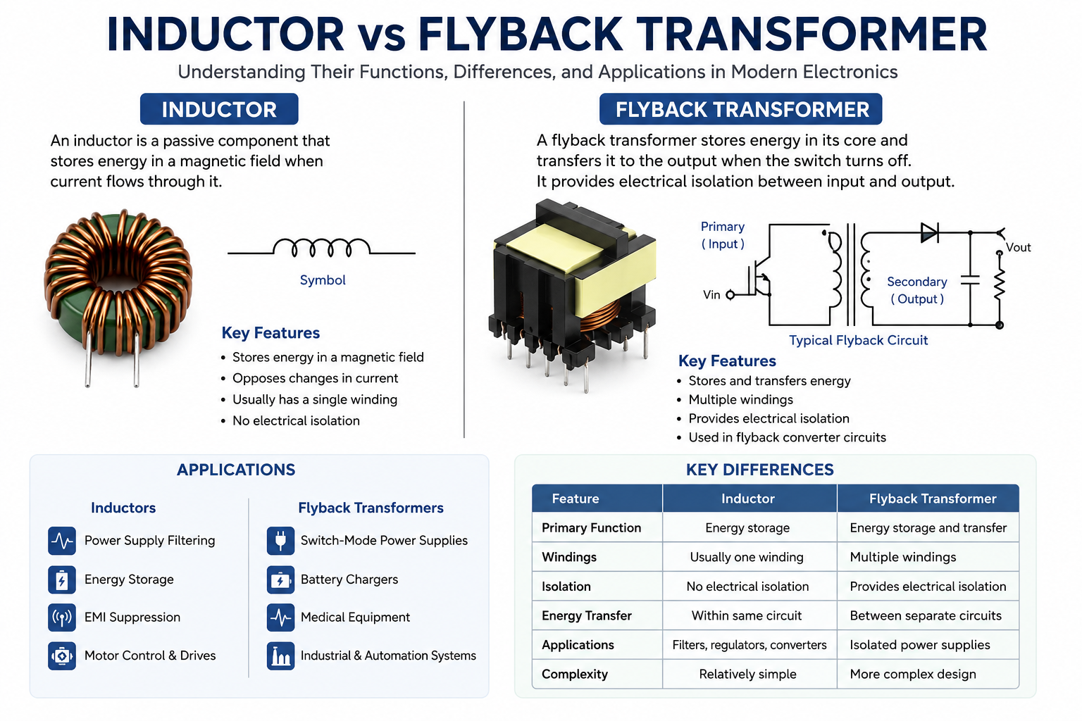 Inductor and Flyback Transformer: Understanding Their Functions, Differences, and Applications in Modern Electronics